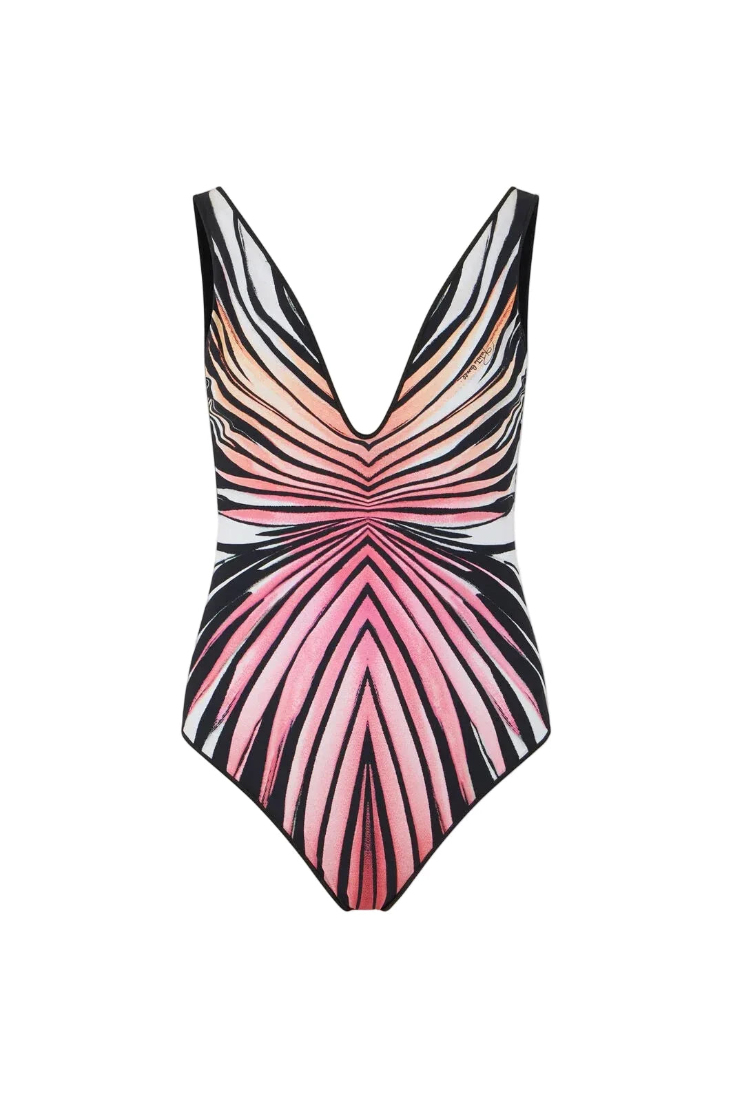 A one-piece swimsuit with a vibrant palm leaf pattern in shades of pink, peach, and black on a white background, displayed against a light gray studio backdrop.