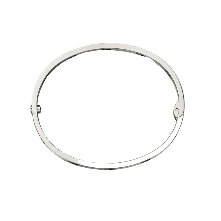 A minimalist silver-toned metal bangle bracelet with a polished finish, photographed from directly above on a clean, off-white background.
