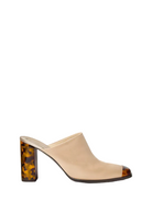 Beige high-heeled shoe with tortoiseshell accents on a white background