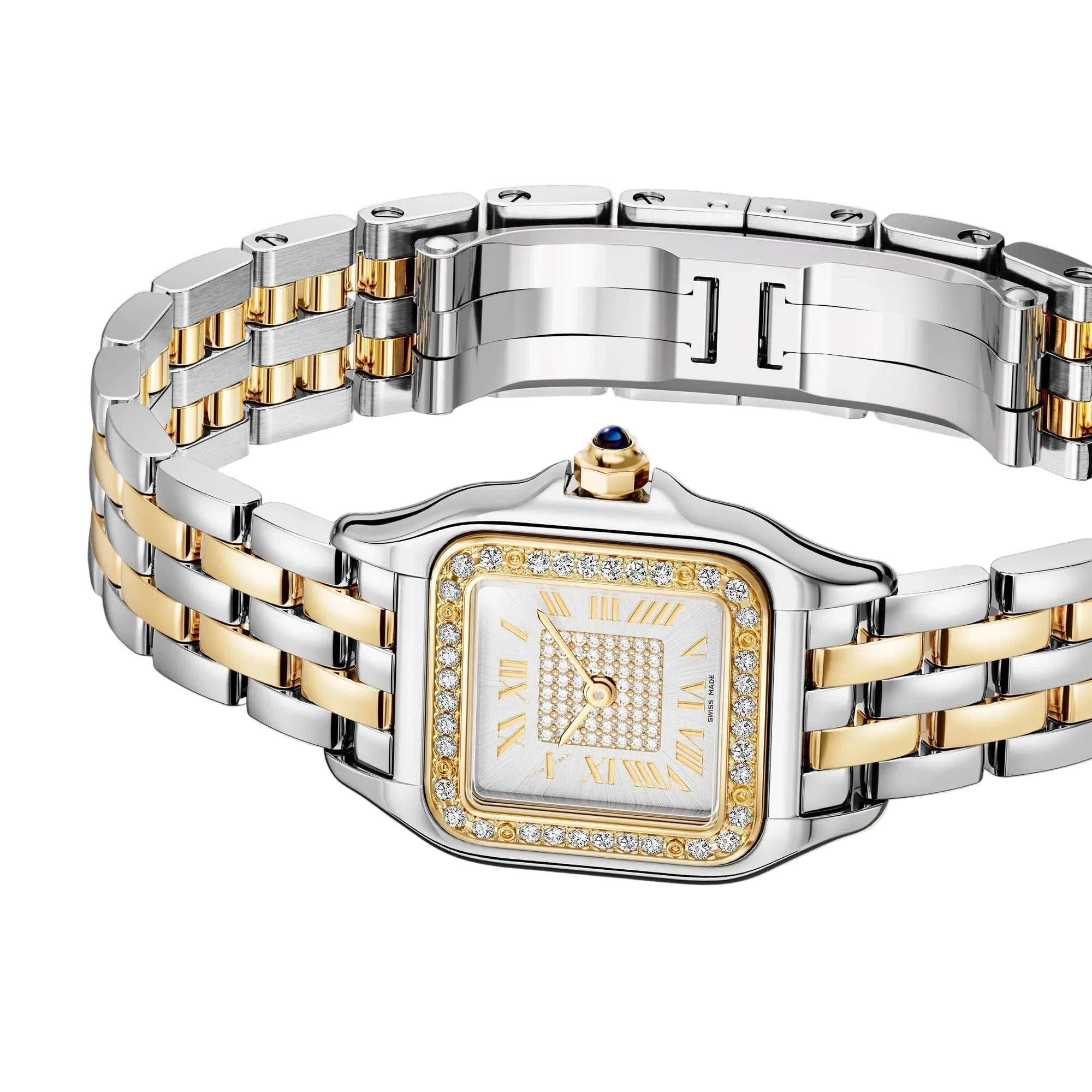 Luxury watch with silver and gold band on a white background