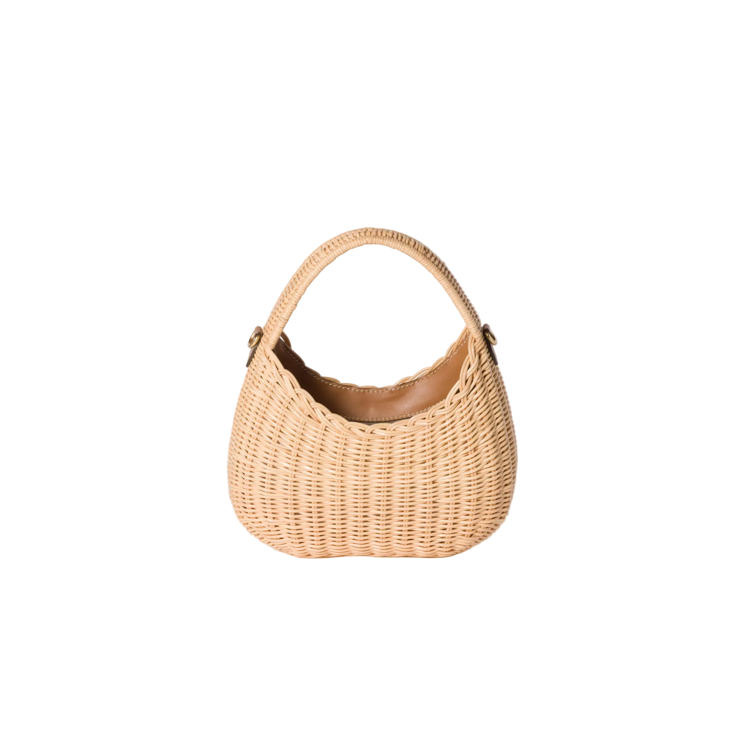 Wicker handbag with brown interior on a light beige background