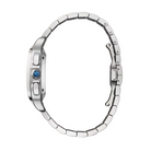 Silver bracelet with a blue gemstone on a light gray background