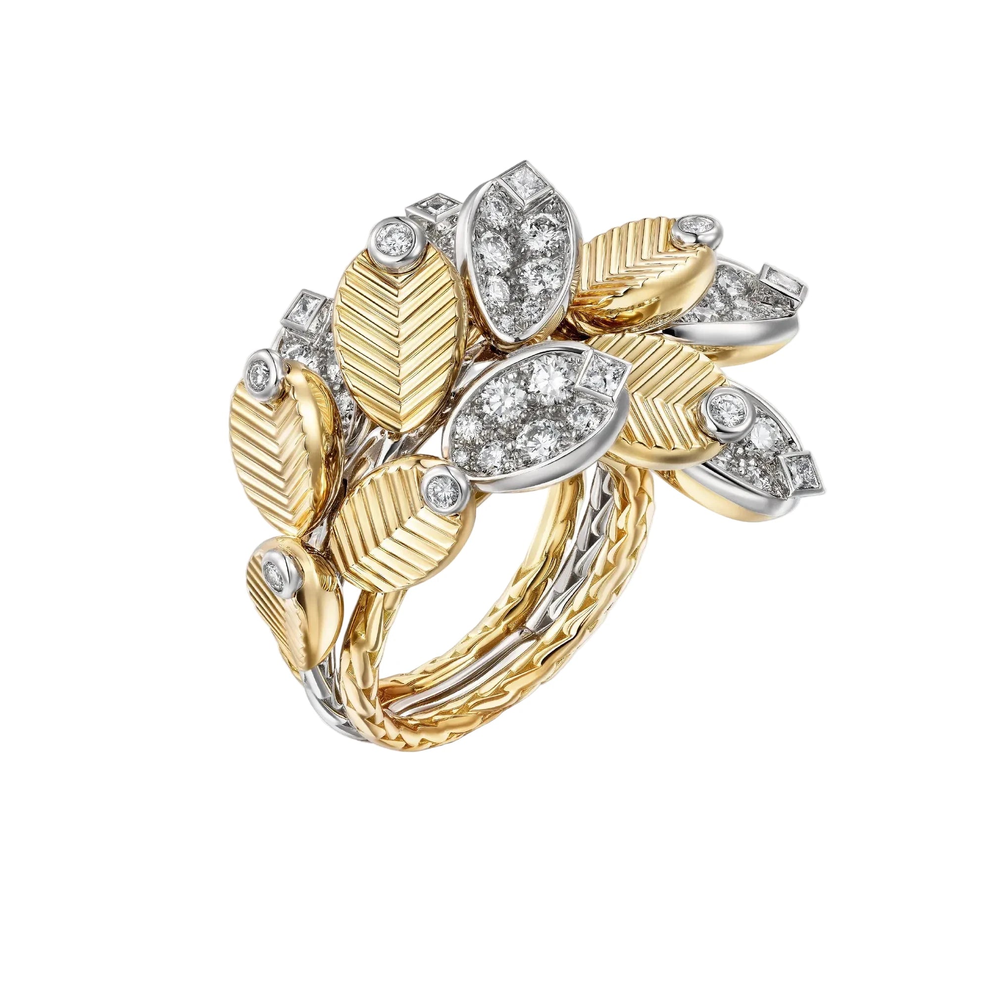 Gold and silver leaf-shaped ring with diamonds on a light gray background