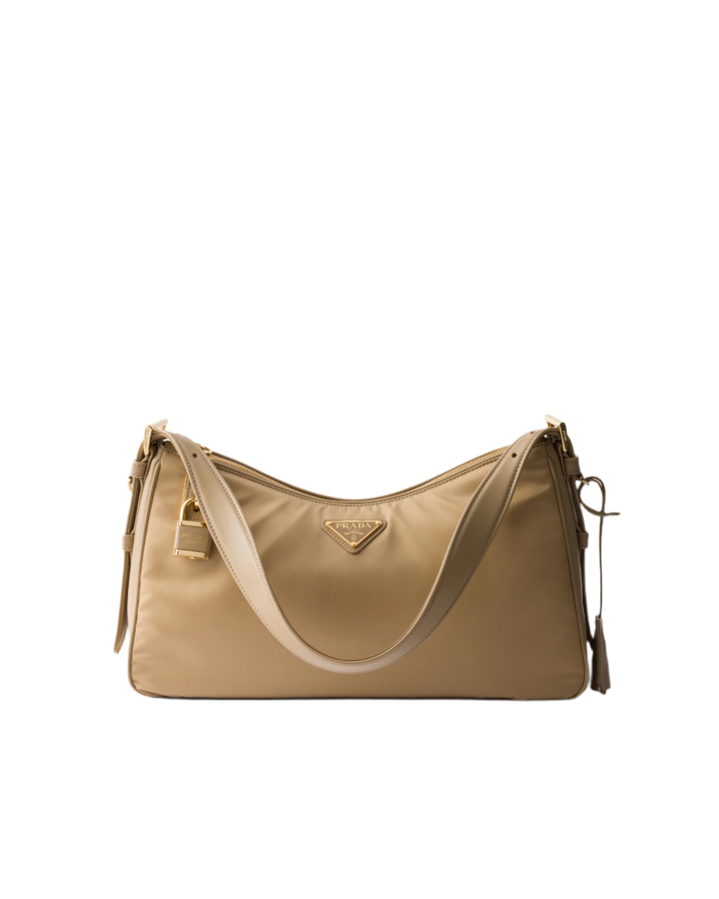 Prada Aimée Large Re-Nylon And Leather Shoulder Bag With Padlock.