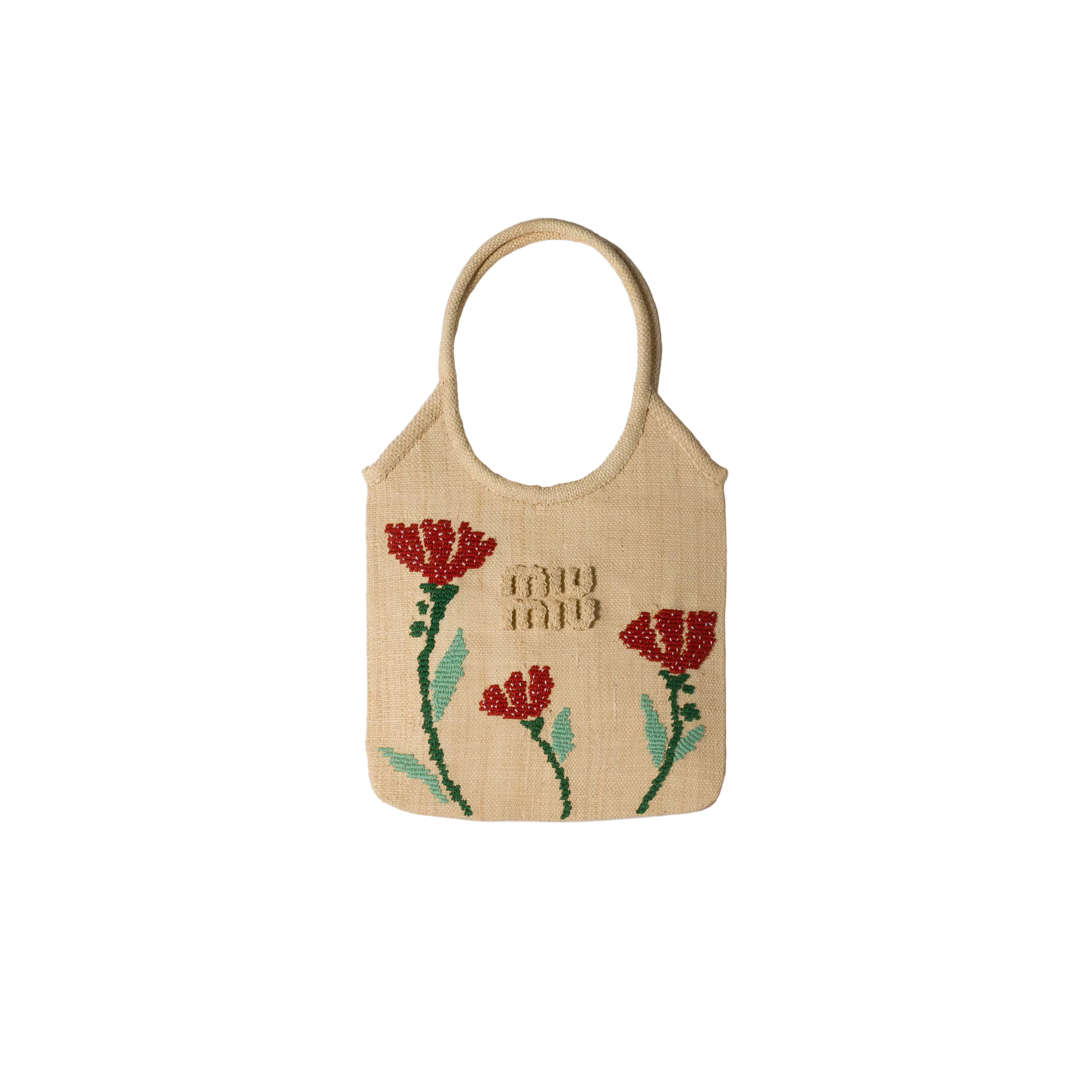 Beige handbag with floral embroidery on a beige background