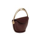 Brown handbag with gold handle and clasp on a light gray background