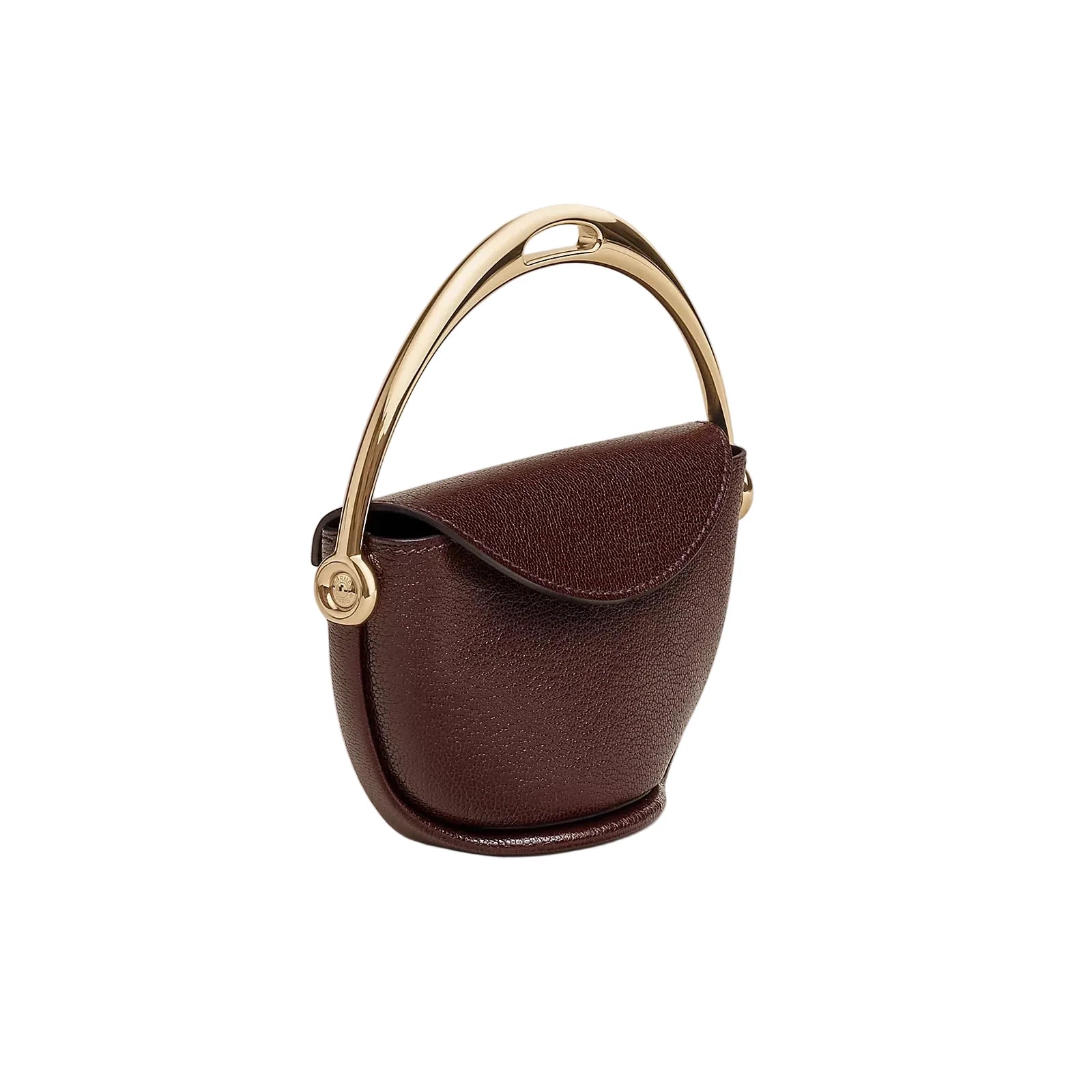 Brown handbag with gold handle and clasp on a light gray background