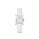 White watch with silver case on a light beige background