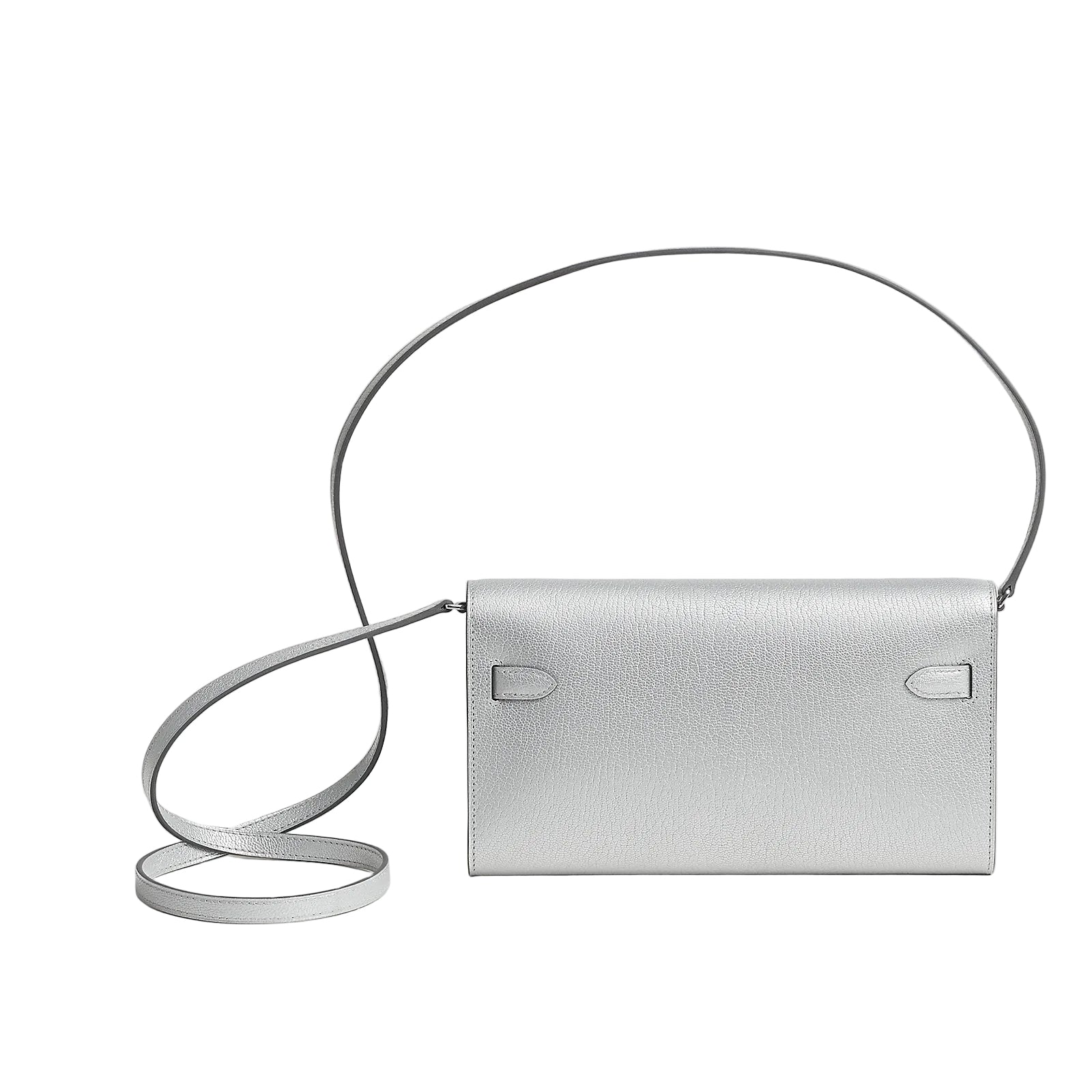 Silver handbag with a strap on a light gray background