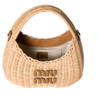 Woven handbag with 'miu miu' logo on a light background