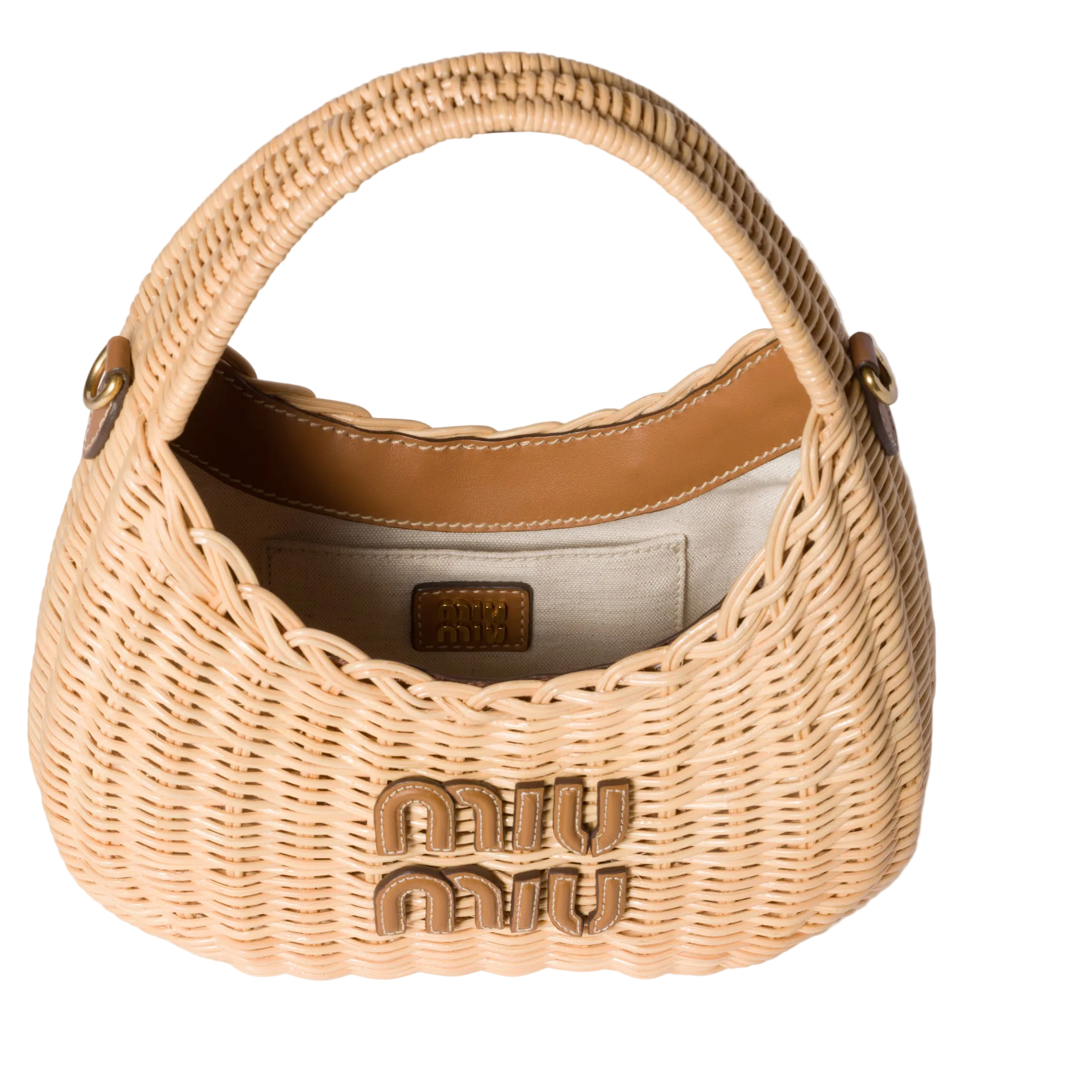 Woven handbag with 'miu miu' logo on a light background