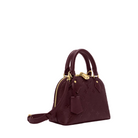 A Louis Vuitton Alma handbag in burgundy monogram coated canvas with gold-tone hardware, shown from a three-quarter angle on a white background.
