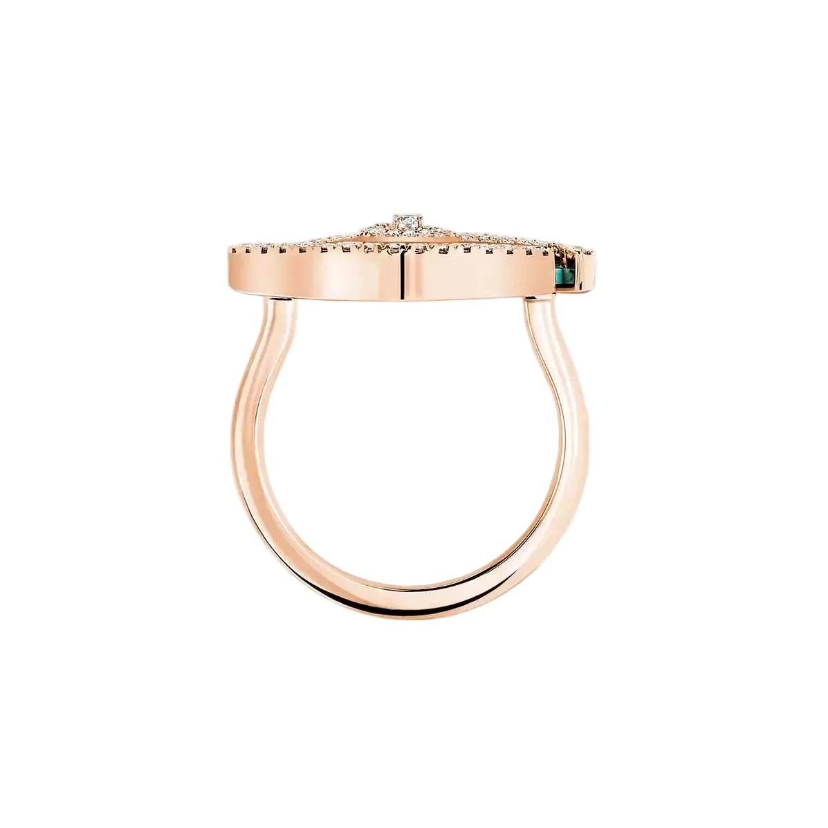 Rose gold ring with a small gemstone on a white background