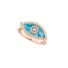 Rose gold ring with turquoise stone and diamond accents on a white background