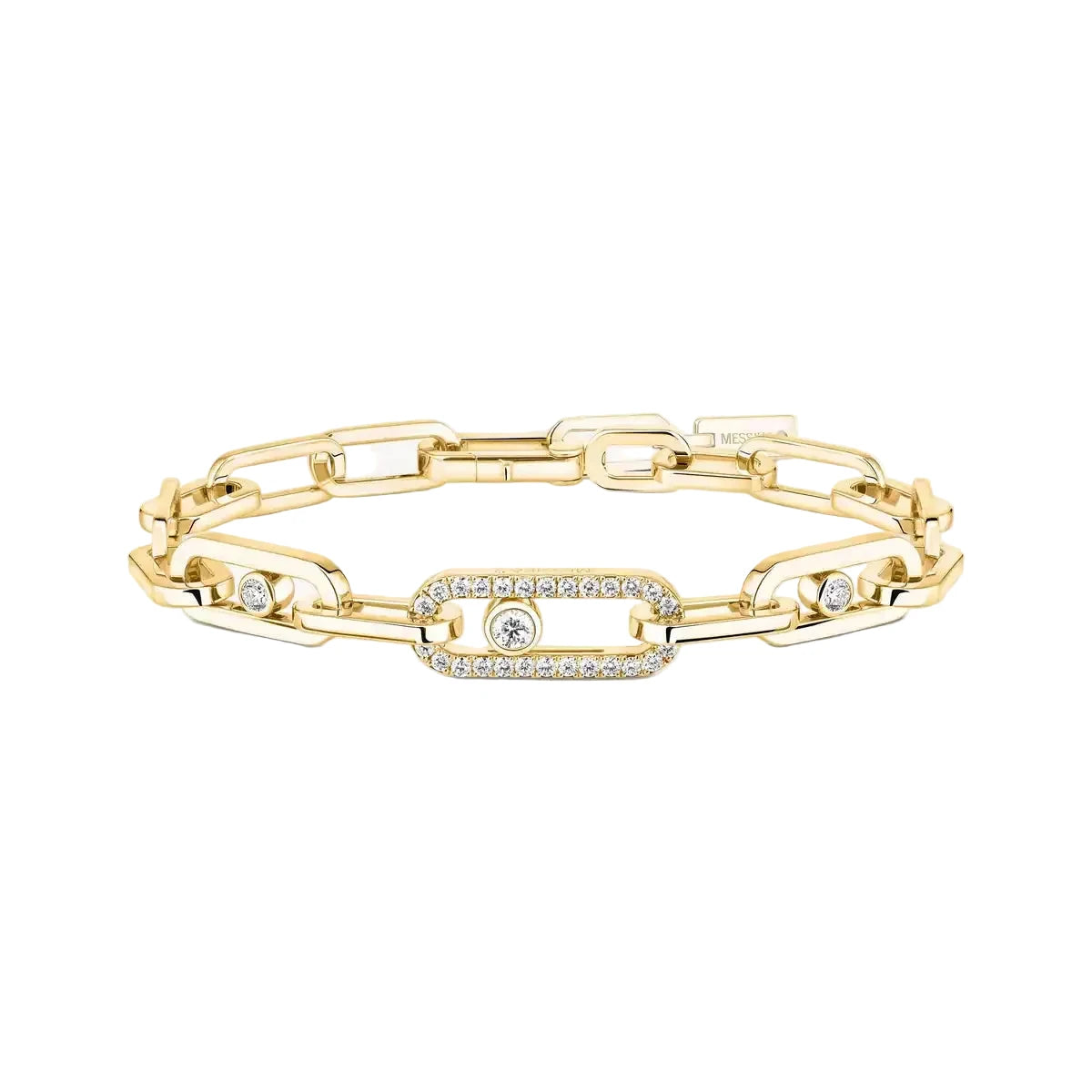 Gold chain bracelet with diamond accents on a white background