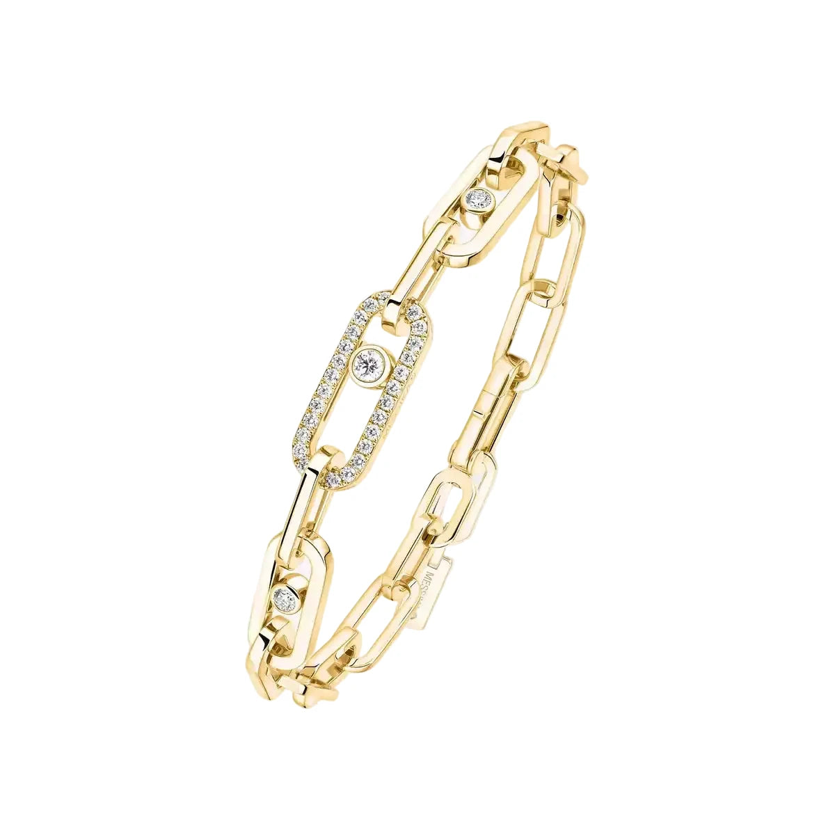 Gold chain bracelet with diamond accents on a white background
