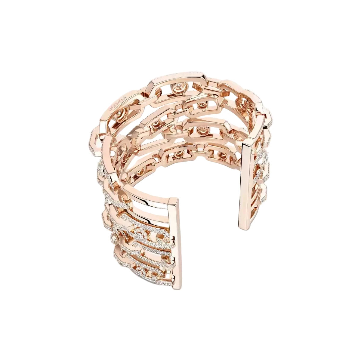 Rose gold ring with intricate design on a white background
