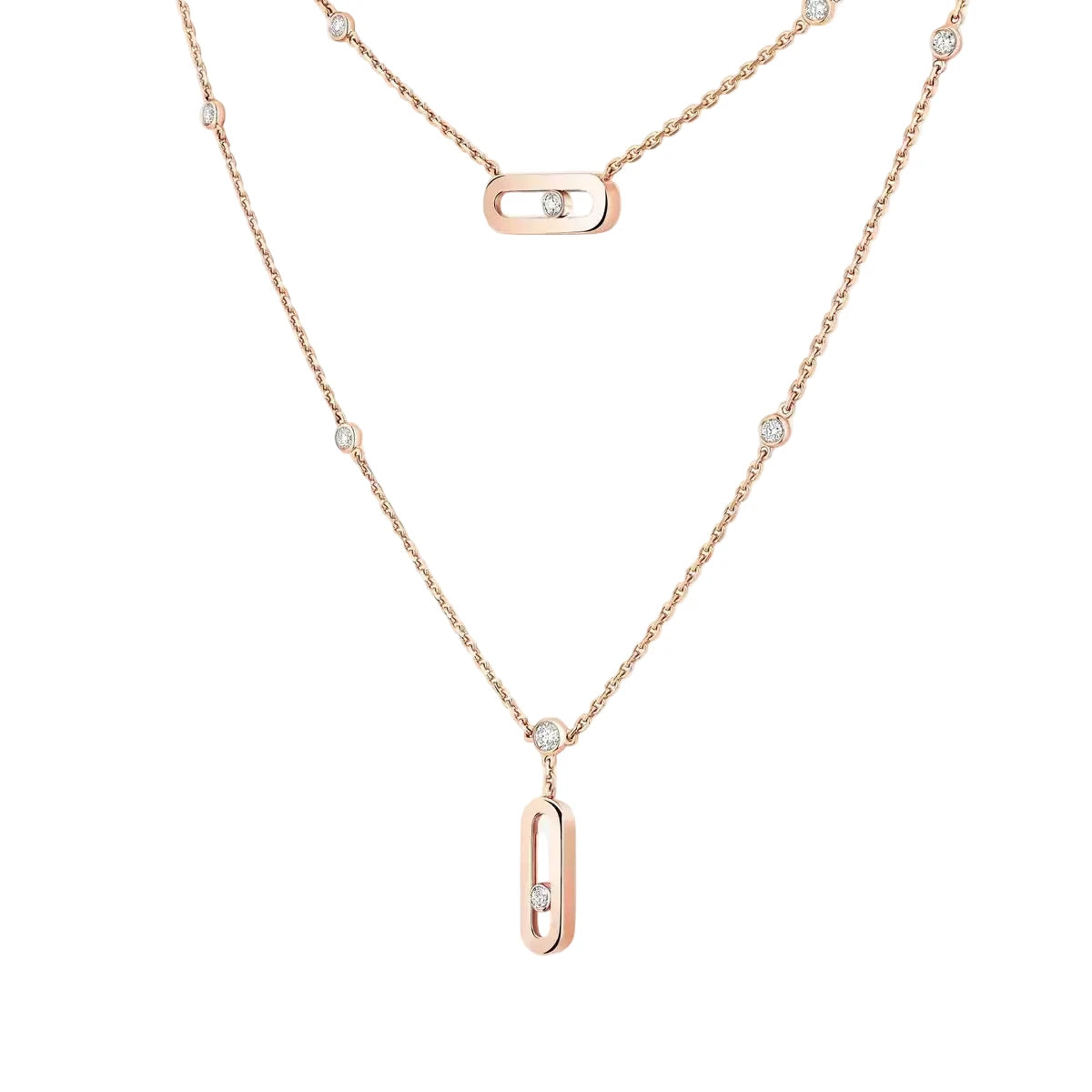 Rose gold necklace with pendant on a white background