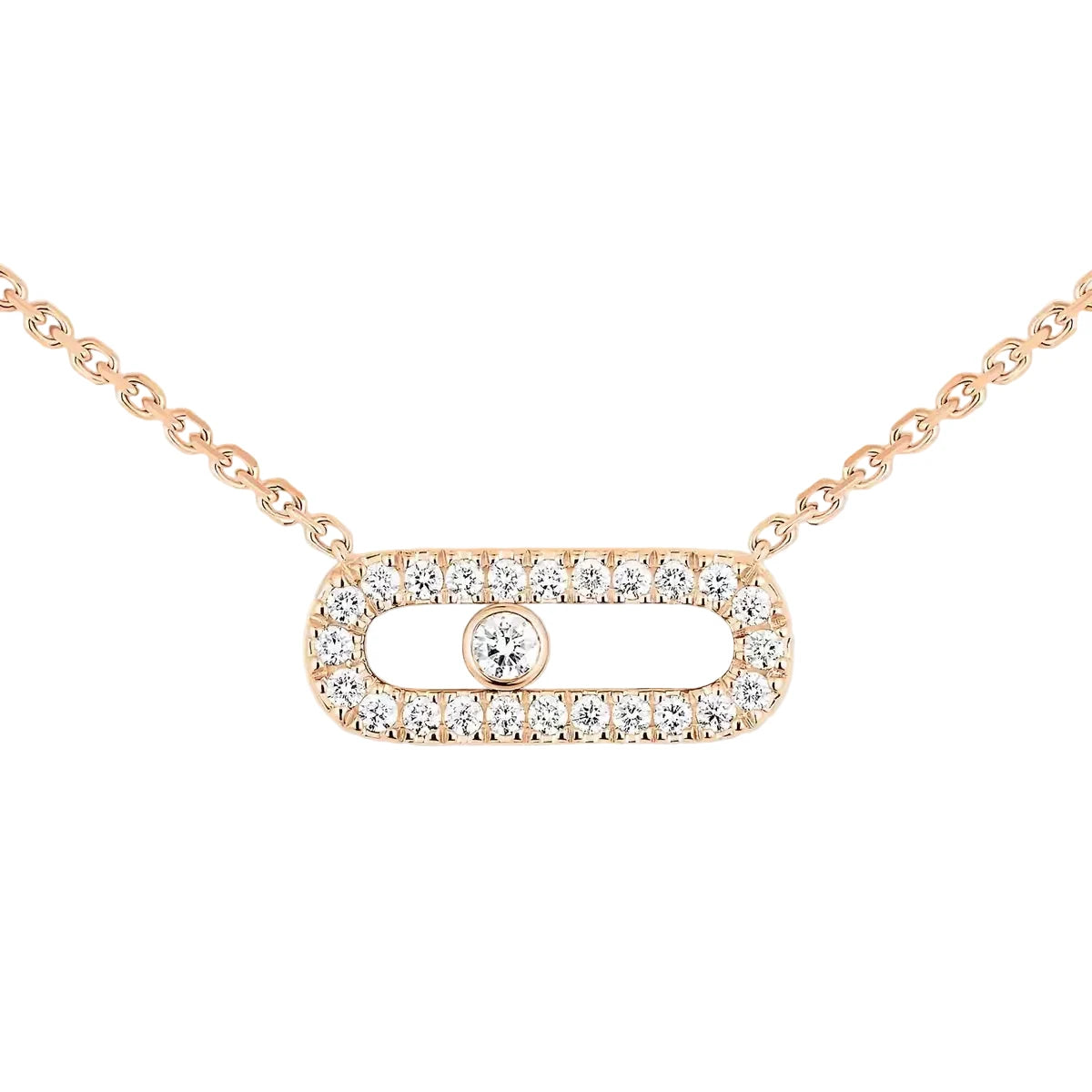 Rose gold necklace with diamond accents on a light beige background