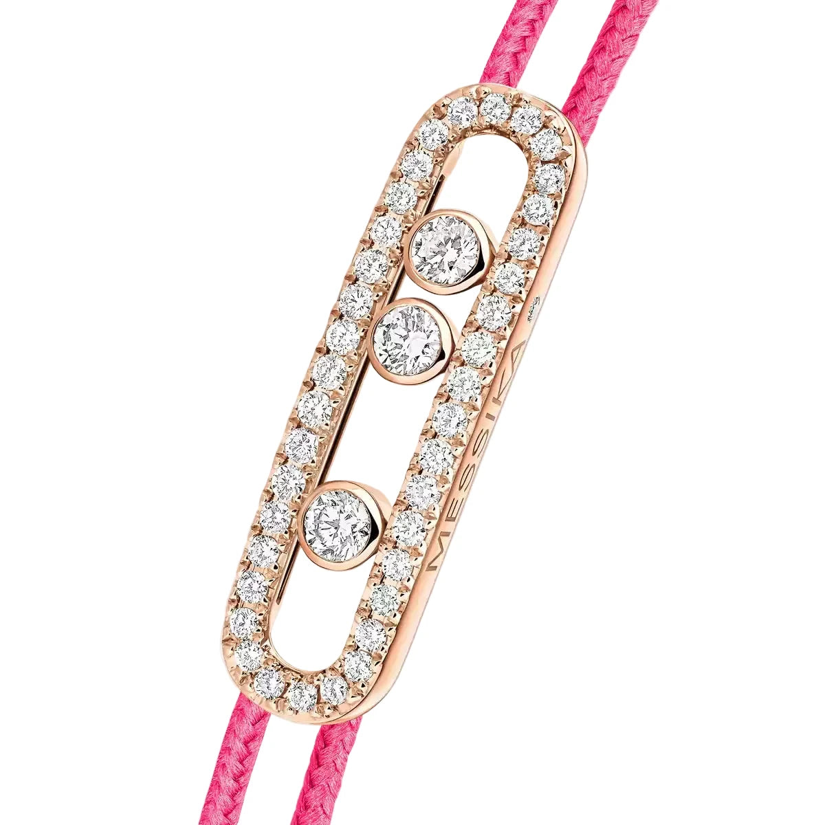 Pink bracelet with a rose gold and diamond clasp on a white background