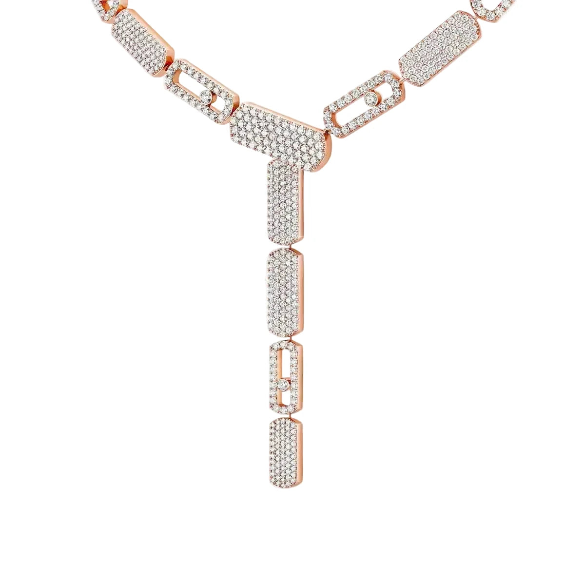 Rose gold necklace with diamond accents on a white background