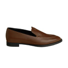 A single brown leather penny loafer shown in profile against a light beige background.