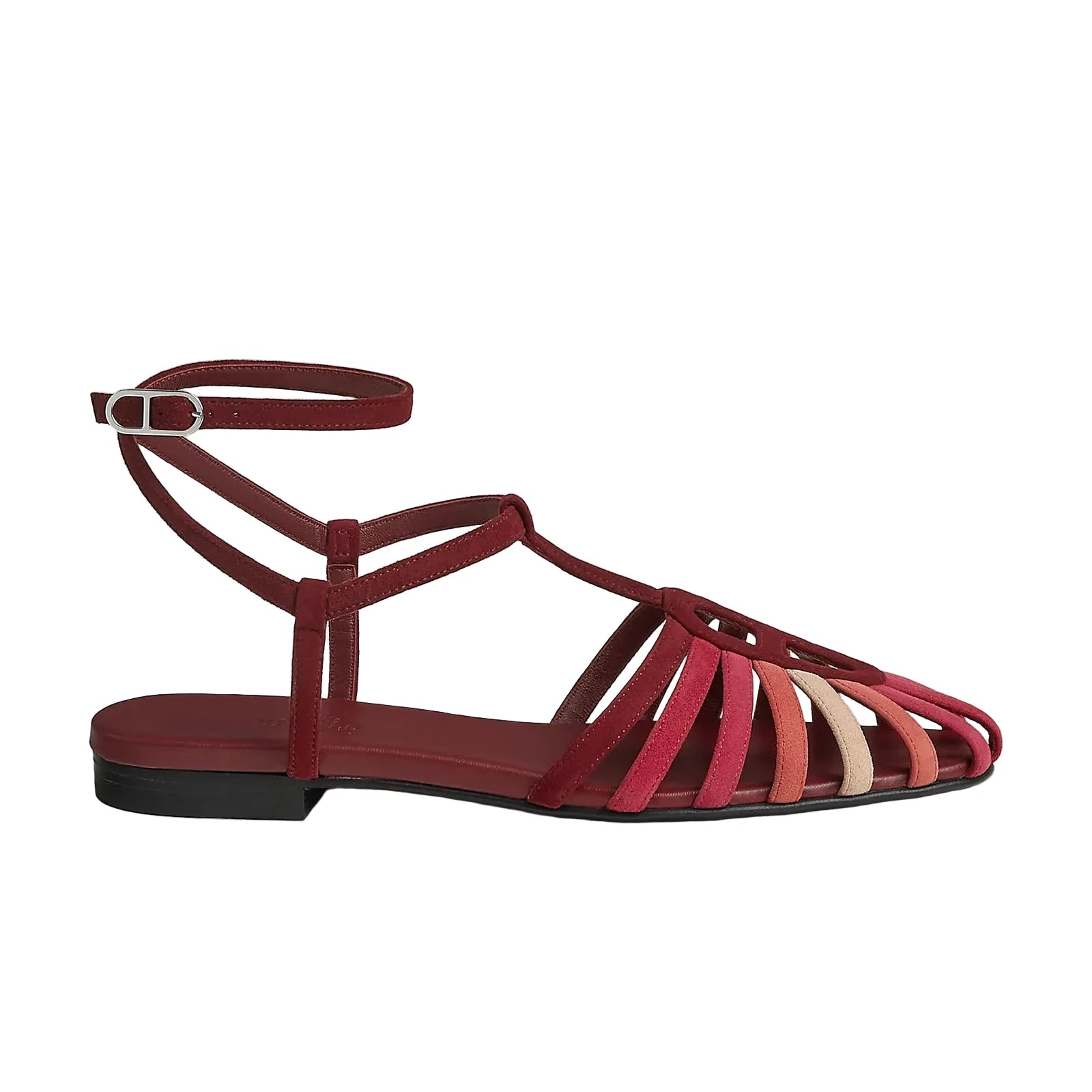Red sandal with multiple straps on a light gray background