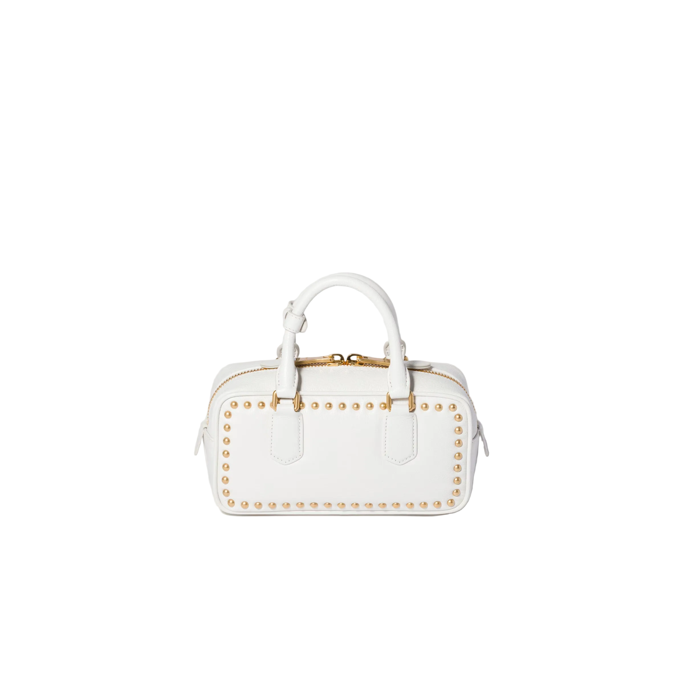 A white leather handbag with gold-tone studs and a top handle, photographed against a solid light beige background.