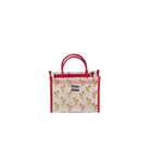 Small handbag with floral design and 'miu miu' branding on a beige background
