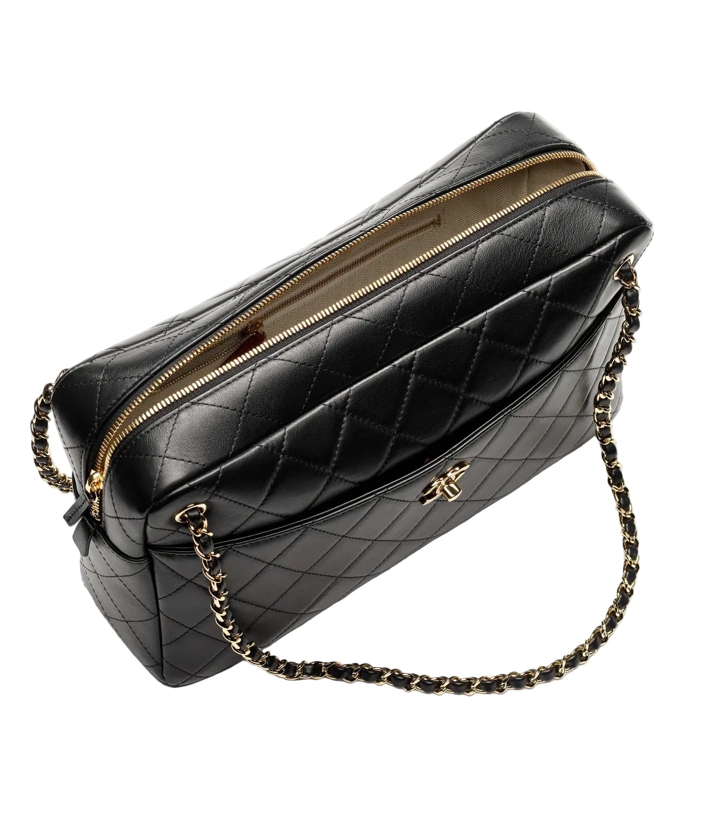 Black quilted handbag with gold chain strap on a white background