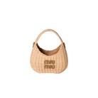 Woven handbag with 'miu miu' branding on a light beige background