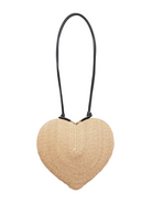 Heart-shaped straw bag with a black strap on a white background