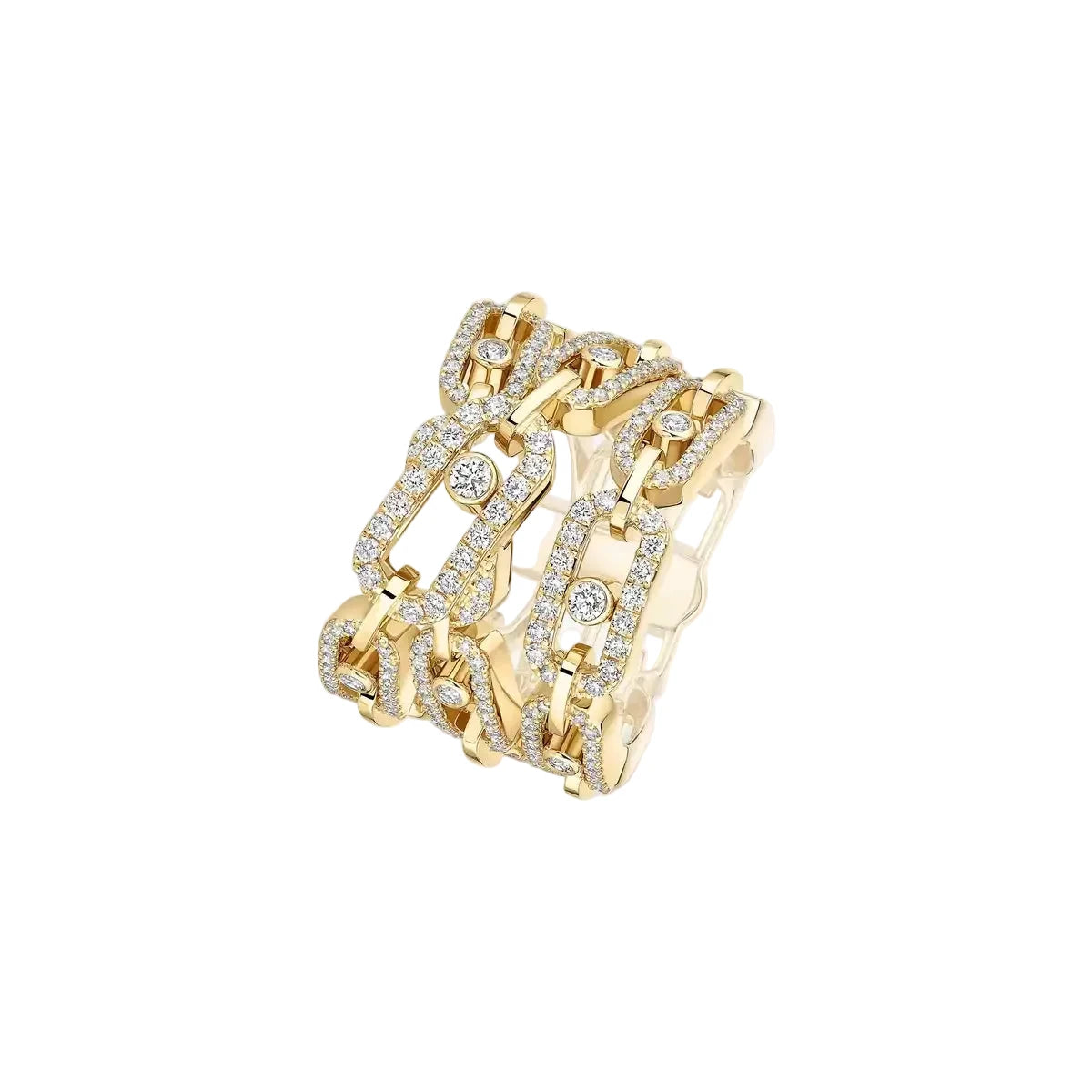 A wide gold chain-link ring set with numerous small clear stones, photographed on a clean white background.