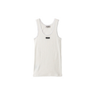 White ribbed tank top with lace trim on a beige background