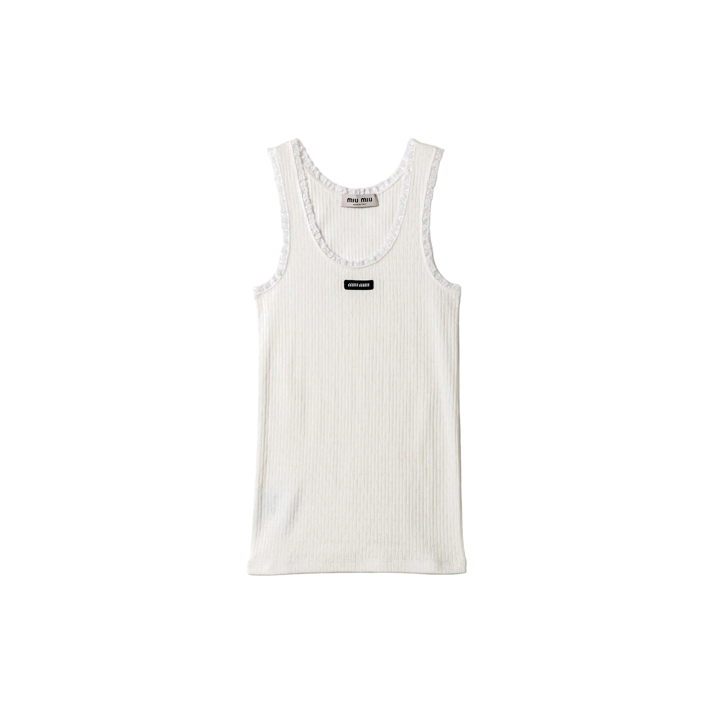 White ribbed tank top with lace trim on a beige background